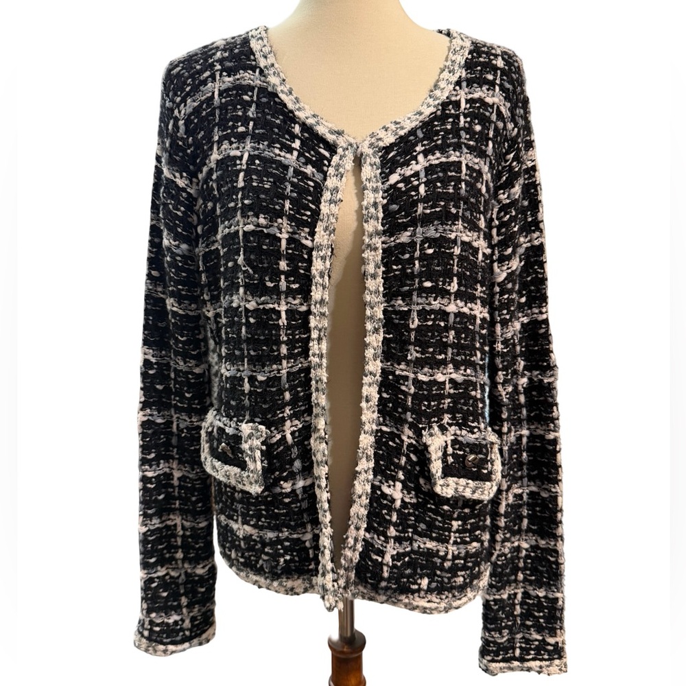 Sioni Black, White, Gray Textured Knit Cardigan Jacket XL NWT Boucle, tweed